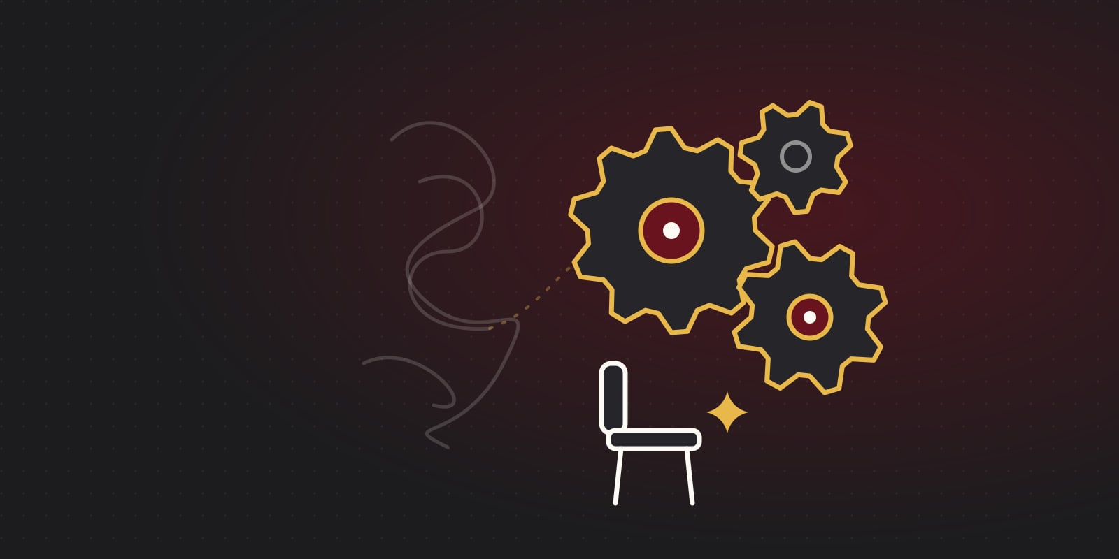 Illustration of a clean set of linked gears with a new empty seat waiting beside them, while faded tangled lines sit in the background