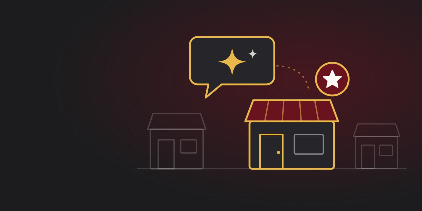 Illustration of a chat bubble with a spark, pointing to a single highlighted shopfront with a gold star, while other faded shopfronts sit in the background