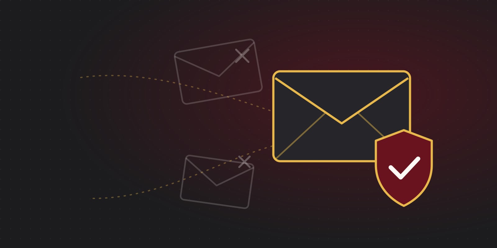 Illustration of a genuine email protected by a shield, while fake emails are crossed out