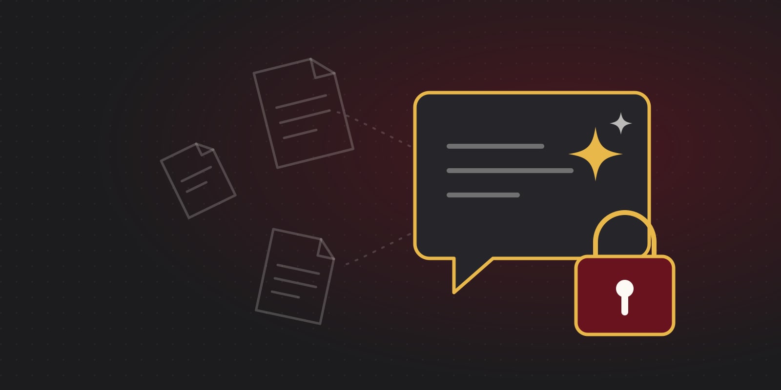 Illustration of a chat window with a spark, protected by a padlock, while faded loose documents drift away on the left