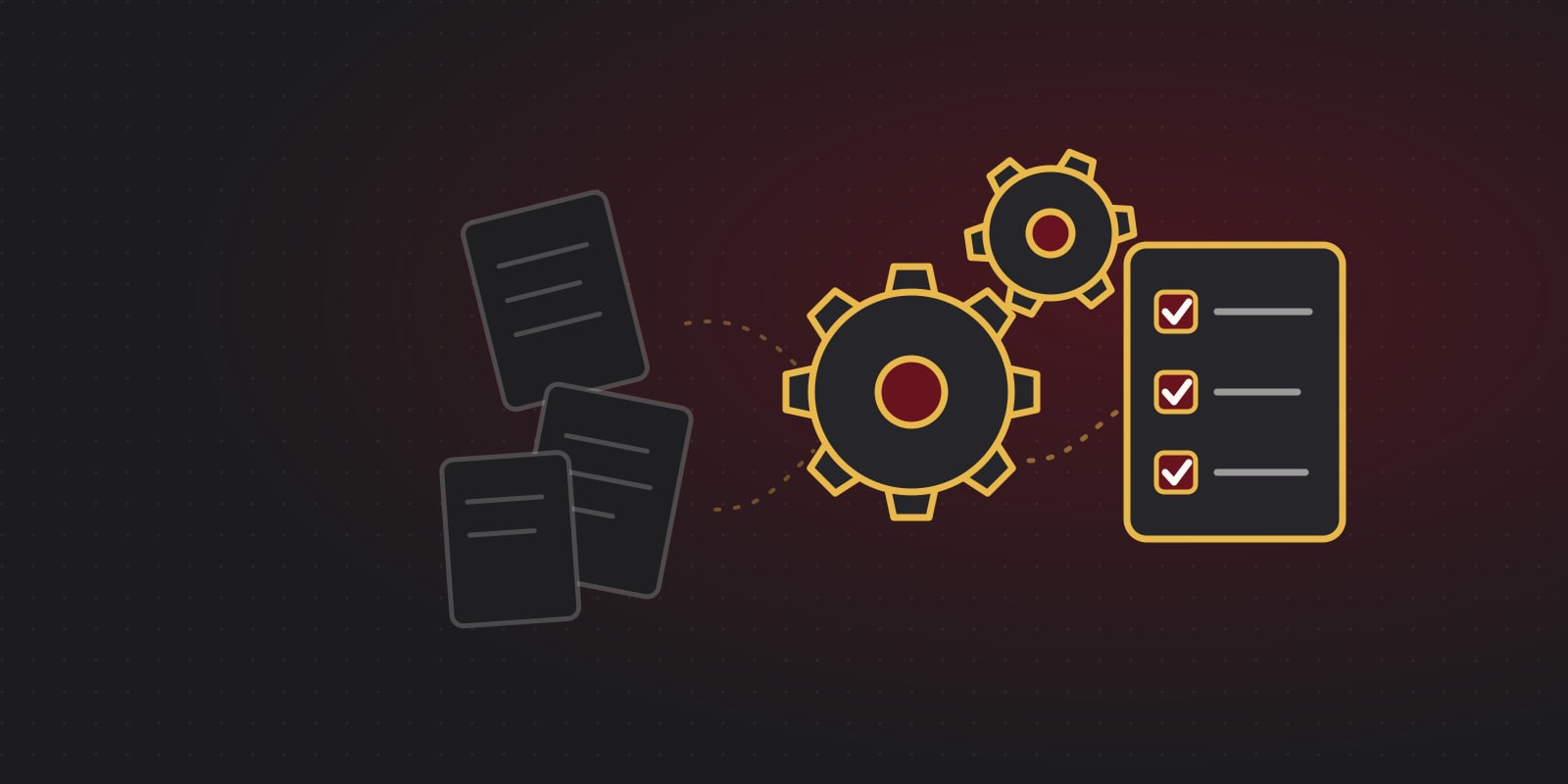 Illustration of a scattered pile of paperwork on the left flowing through two connected gears into a neat, ticked-off checklist on the right